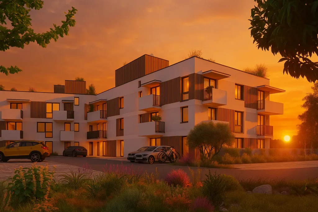 Exteriér bytového domu projektu Greentirna. Moderné rezidenčné bývanie v Trnave.