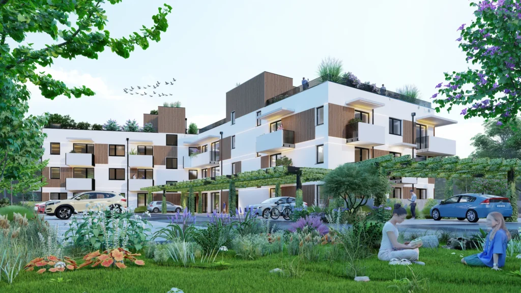 Exteriér bytového domu projektu Greentirna. Moderné rezidenčné bývanie v Trnave.